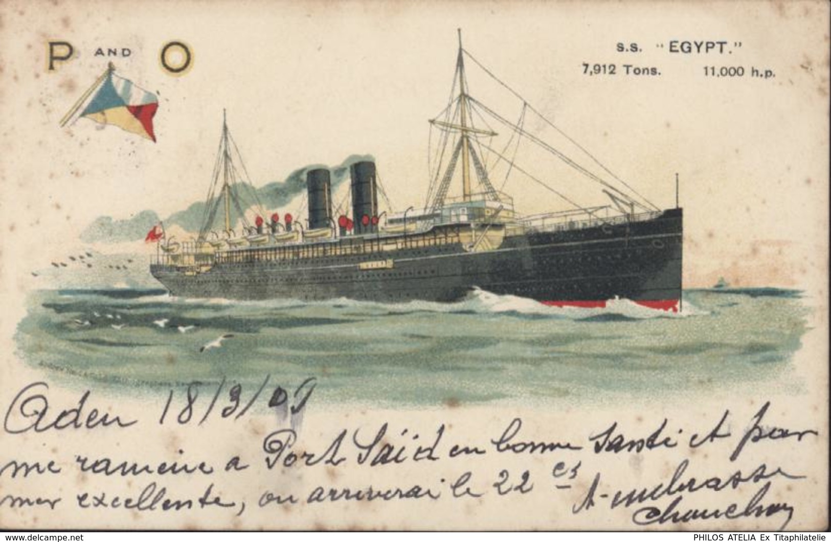 YT 59 India Postage Revenue One Anna CAD Sea Post Office Bombay Aden (ambulant Maritime) 23 Ma 09 CPA SS Egypt Bateau - 1902-11  Edward VII