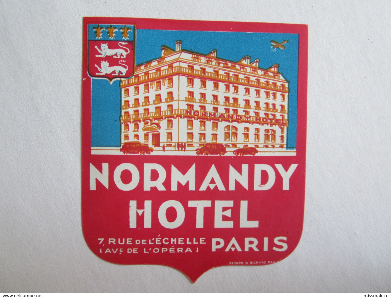 Publicité étiquette De Voyage Valise Normandy Hôtel 7 Rue De L'échelle Avenue De L'opéra Paris - Publicités