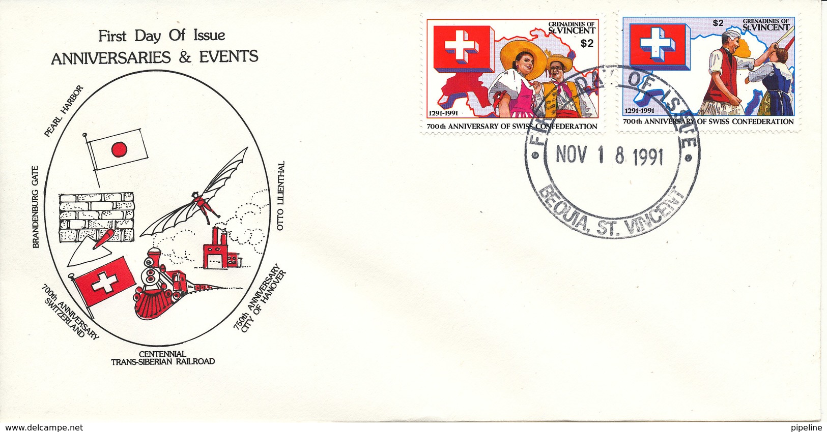 Grenadines Of St. Vincent FDC 18-11-1991 700th Anniversary Of Swiss Confederation With Cachet - St.Vincent (1979-...)