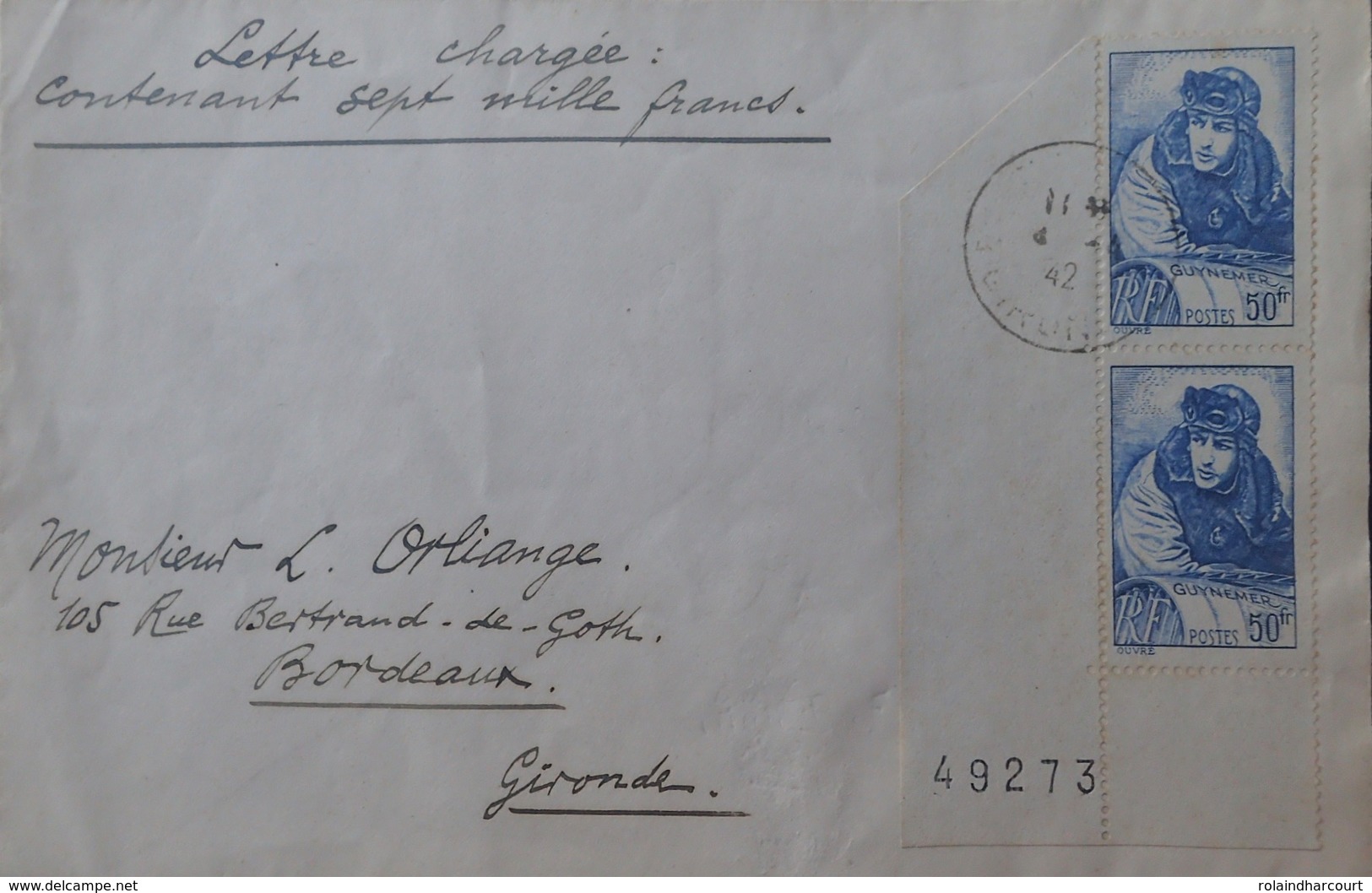 R1947/146 - 1942 - GUYNEMER - PAIRE N°461 Seule Sur ✉️ De BORDEAUX à BORDEAUX - Timbres CdF Avec Numéro De Feuille - Lettres & Documents