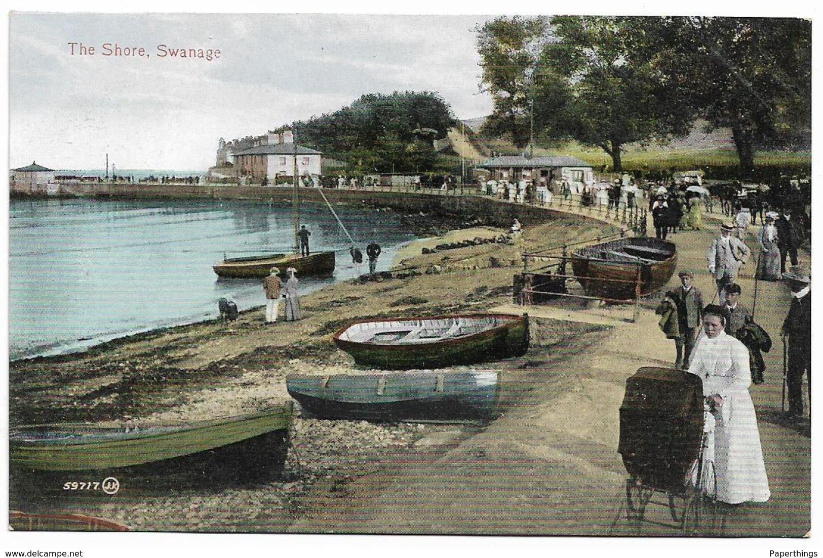 Old Colour Postcard, Swanage, The Sea Shore,boats, People, Lady And Pram, Building. - Swanage