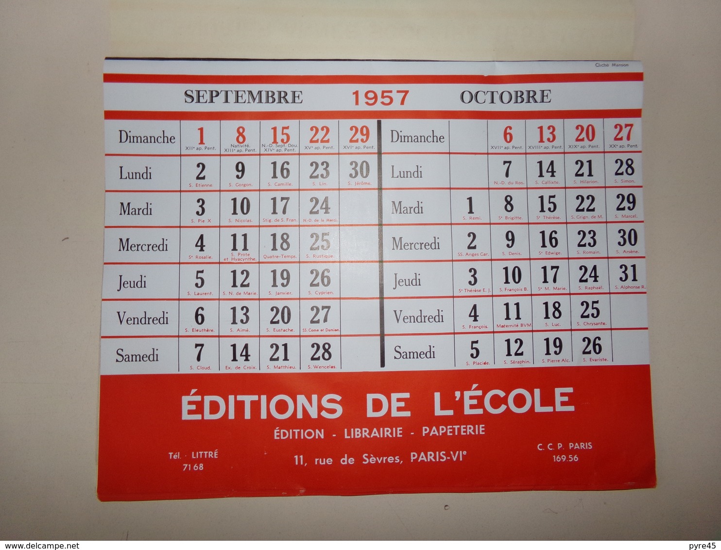 Calendrier Année Scolaire 1957-1958 - Grand Format : 1941-60