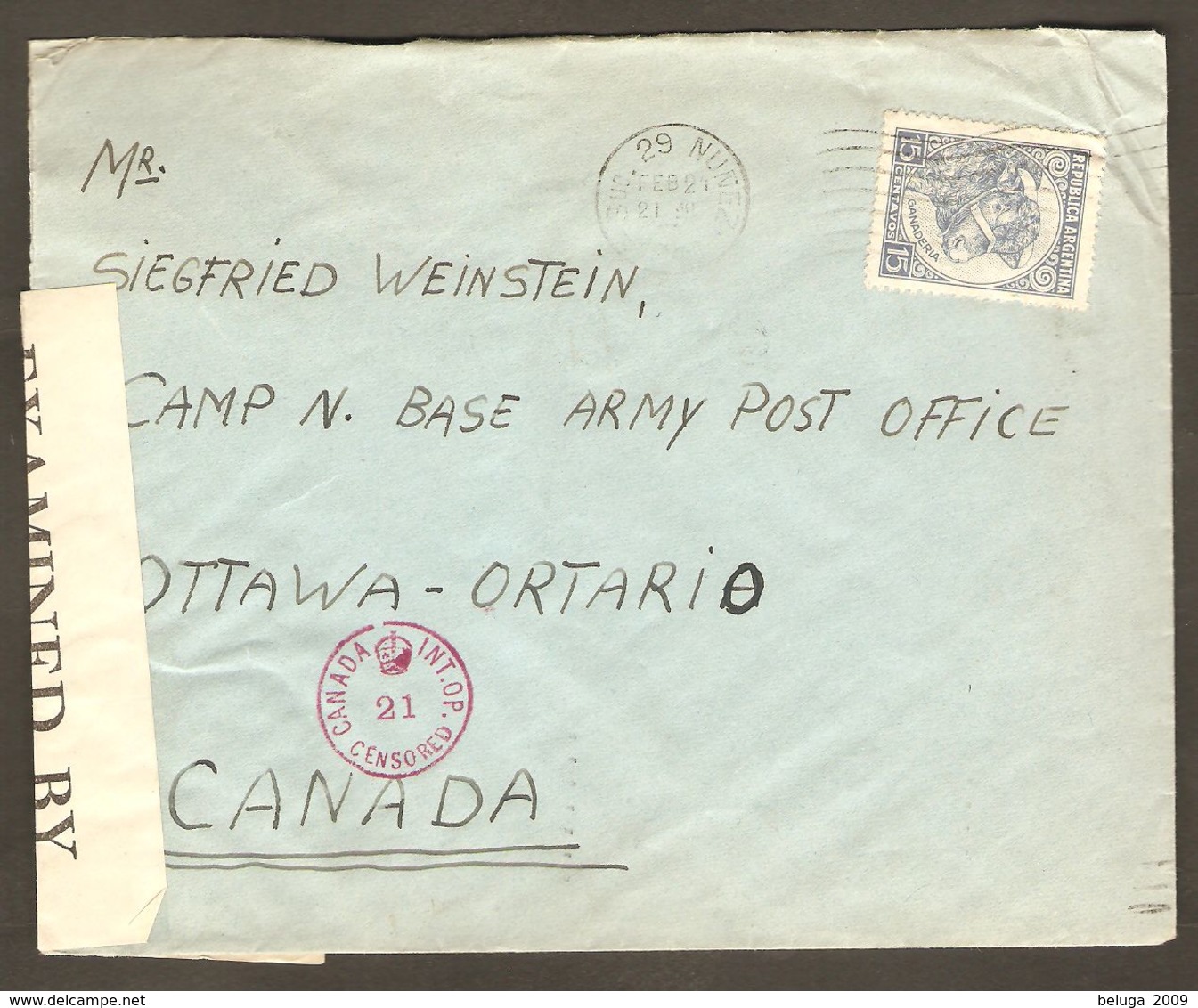 German Jewish Refugee POW Canada 1941 Camp N Sherbrooke Censor Cover From Neumann Argentina To Siegfried Weinstein - WW2