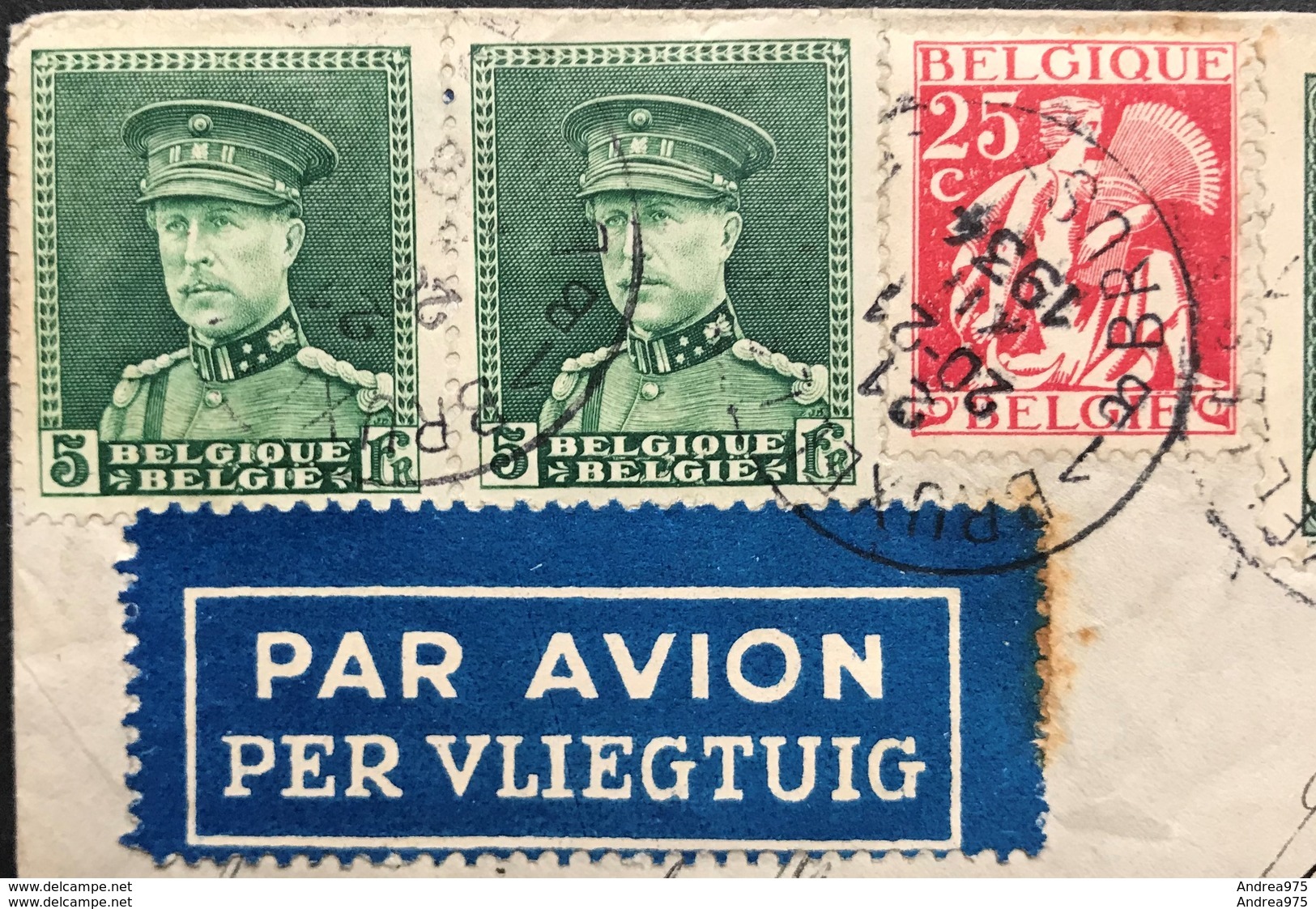 N. 323 + PA3, 5 Fr. Vert En Pair + 2 Fr Aerienne En Pair, Sur Enveloppe De Bruxelles 21/12/1934 Pour Argentine - 1931-1934 Kepi