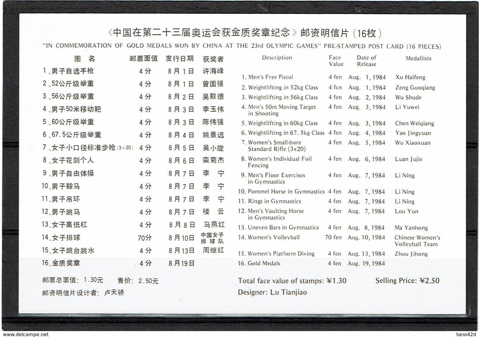 DIV1 -  CHINE SERIE DE 17 CP MEDAILLE D'OR AUX 23° JEUX OLYMPIQUES  NEUVE - Cartes Postales