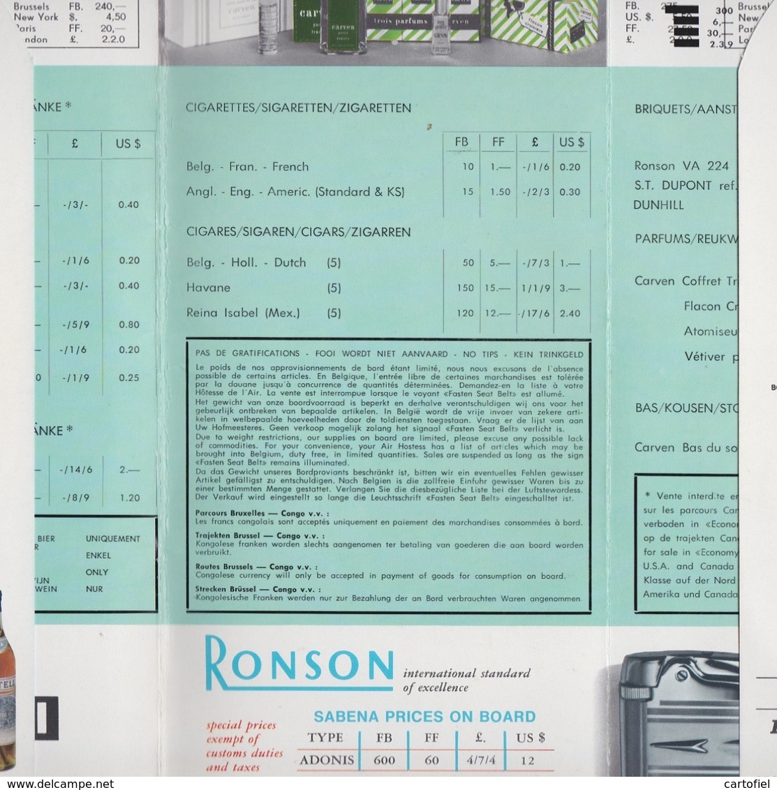 SABENA-DEPLIANT-TARIF EN VENTE A BORD-ANNEES'60-DIMENSIONS:+-12-25 FERMEE+ 12-53 OUVERT-VOYEZ LES 7 SCANS-TOP ETAT !  ! - Other & Unclassified