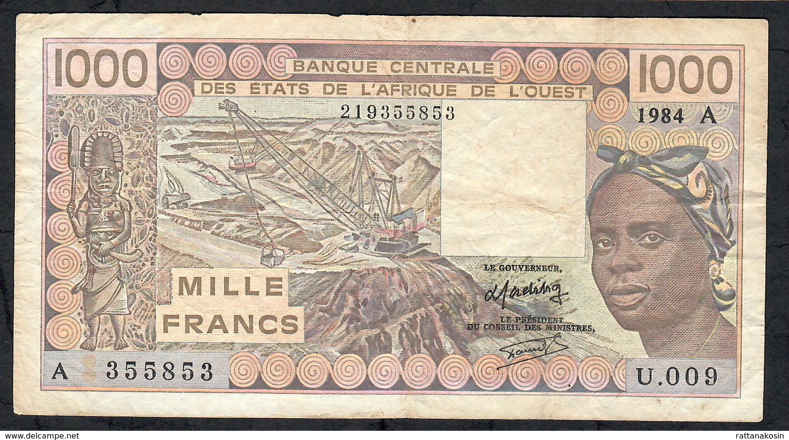 W.A.S. IVORY COAST P107Ad 1000 FRANCS 1984  #U.009 Signature 19 FINE NO P.h. - Costa De Marfil