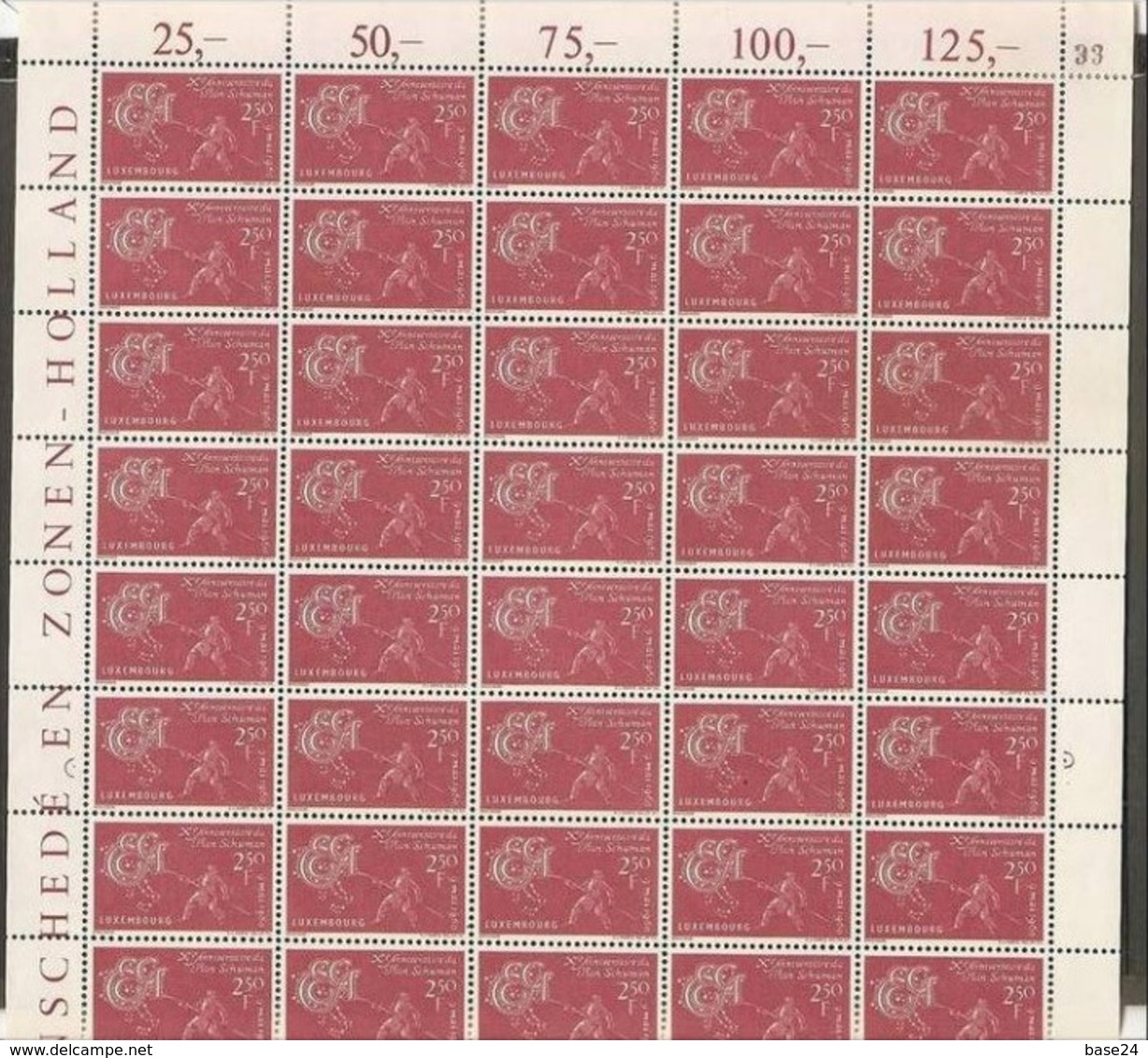 1960 Lussemburgo Luxembourg X° ANNIVERSARIO DEL PIANO SCHUMAN Foglio Di 50 MNH** Sheet - Full Sheets