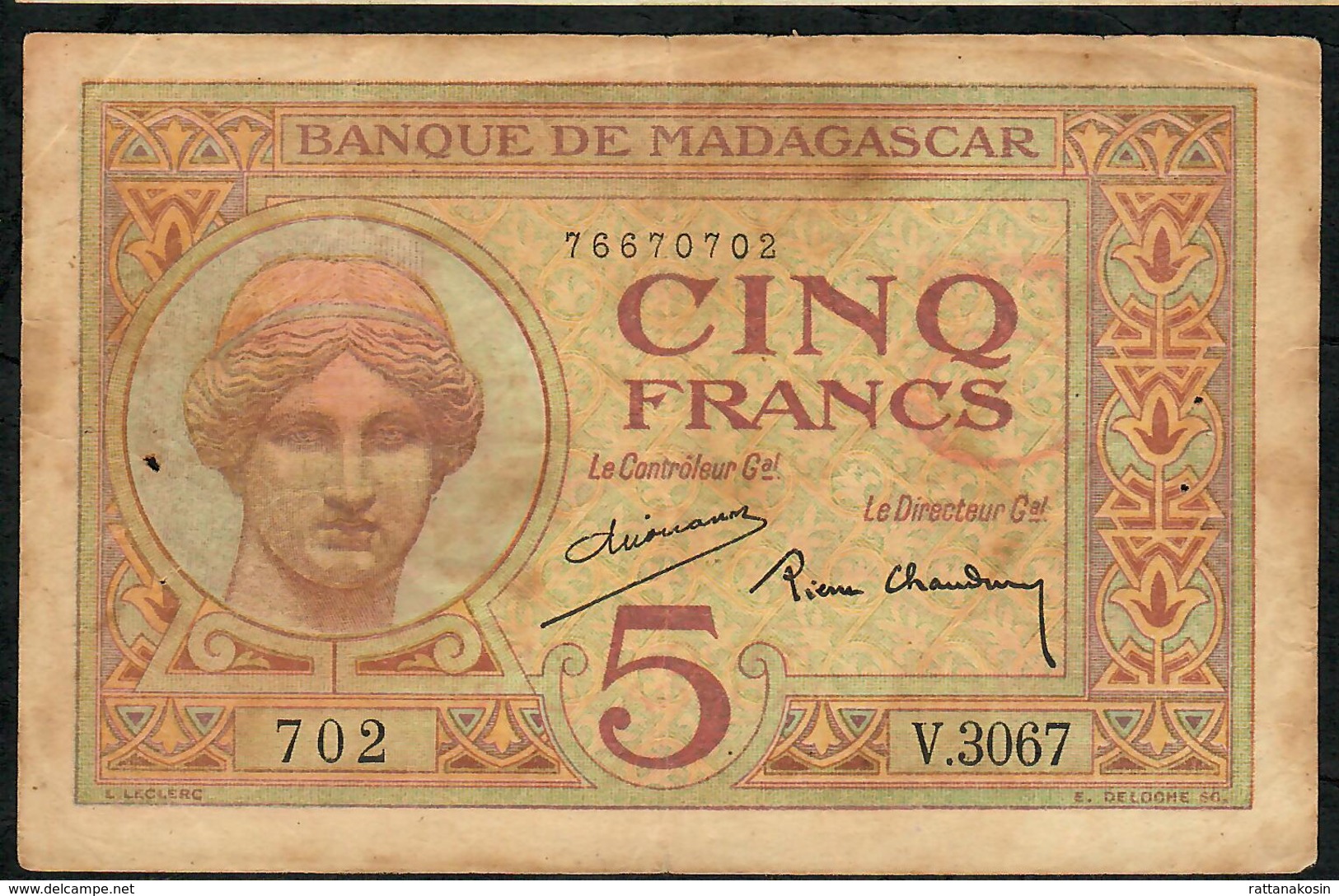 MADAGASCAR P35b 5 FRANCS 1937 AVF 4 P.h. ! - Madagaskar