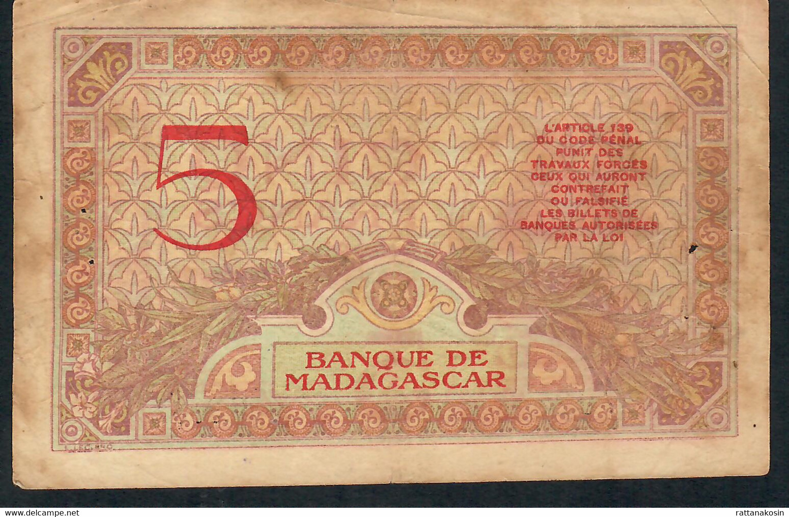 MADAGASCAR P35b 5 FRANCS 1937 AVF 4 P.h. ! - Madagascar