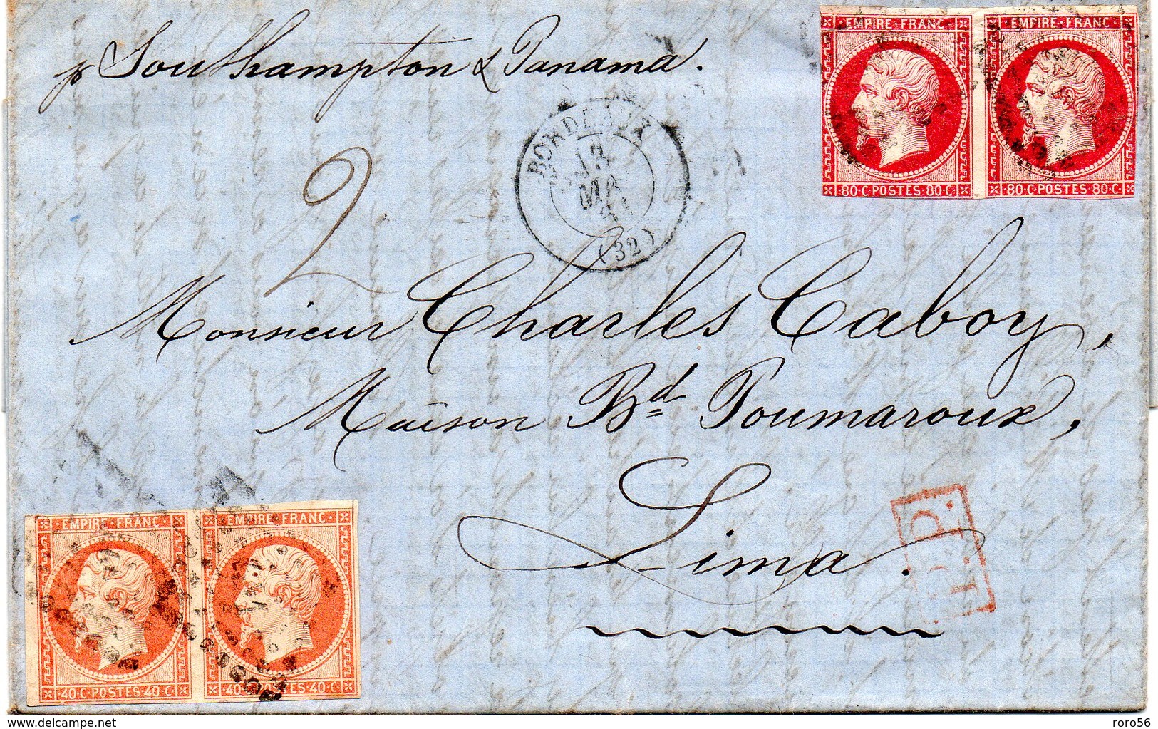 Lettre (3 Pages)pour Lima (Pérou) Aff.no16 Et 17 Paires(marges Courtes) De Bordeaux-1861. - Poste Maritime