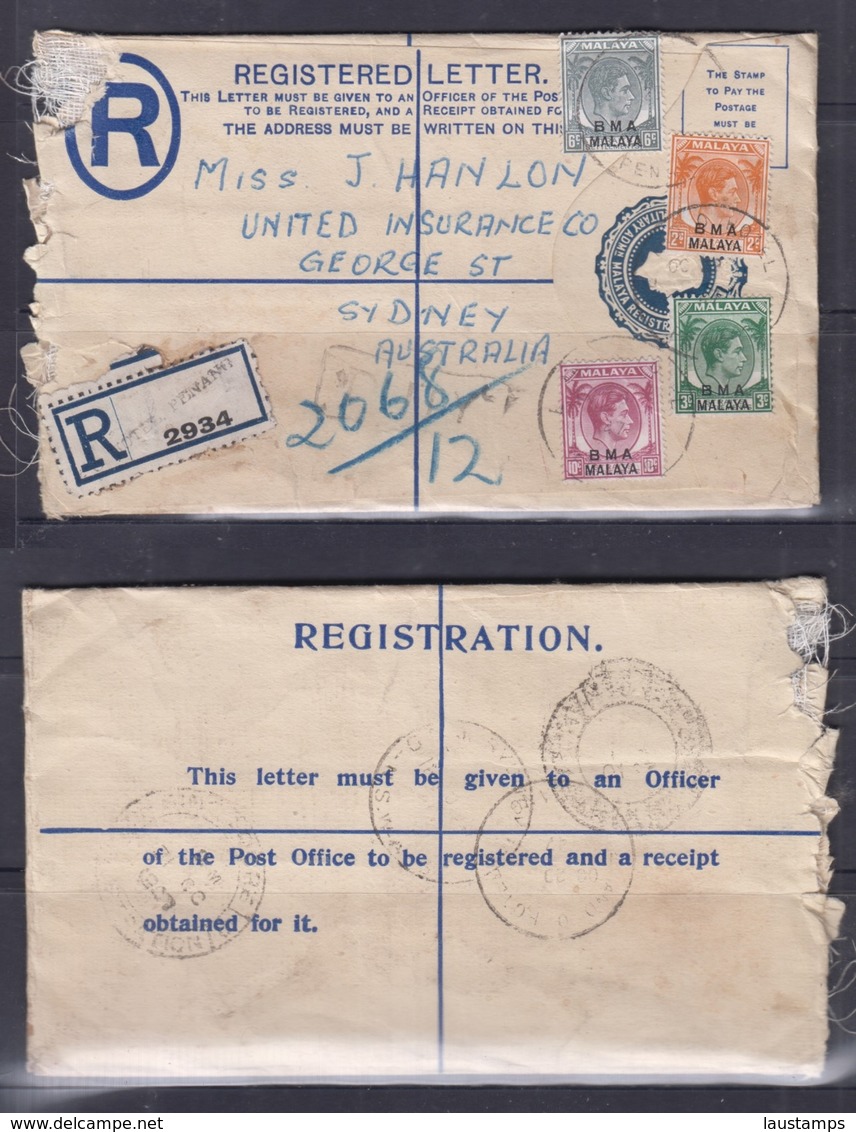 Malaya BMA Registered Envelope(Type G) Dated 1947, "E And O Hotel", Penang Cancellation To Australia - Malaysia (1964-...)