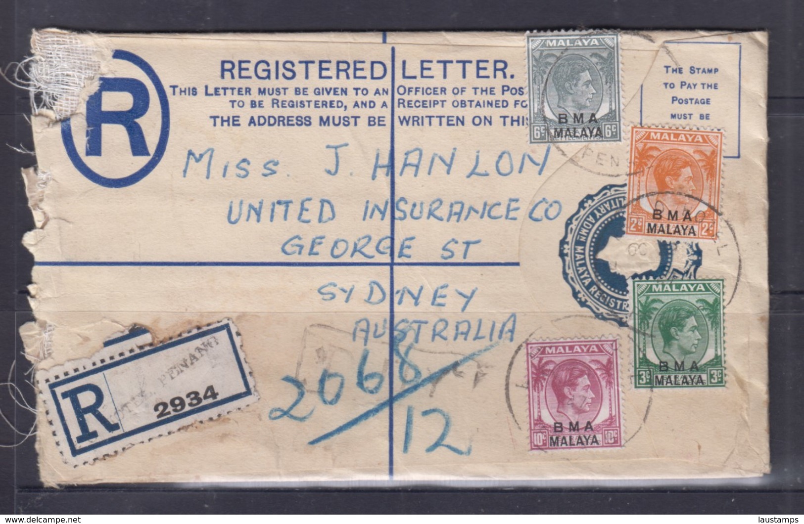 Malaya BMA Registered Envelope(Type G) Dated 1947, "E And O Hotel", Penang Cancellation To Australia - Malaysia (1964-...)