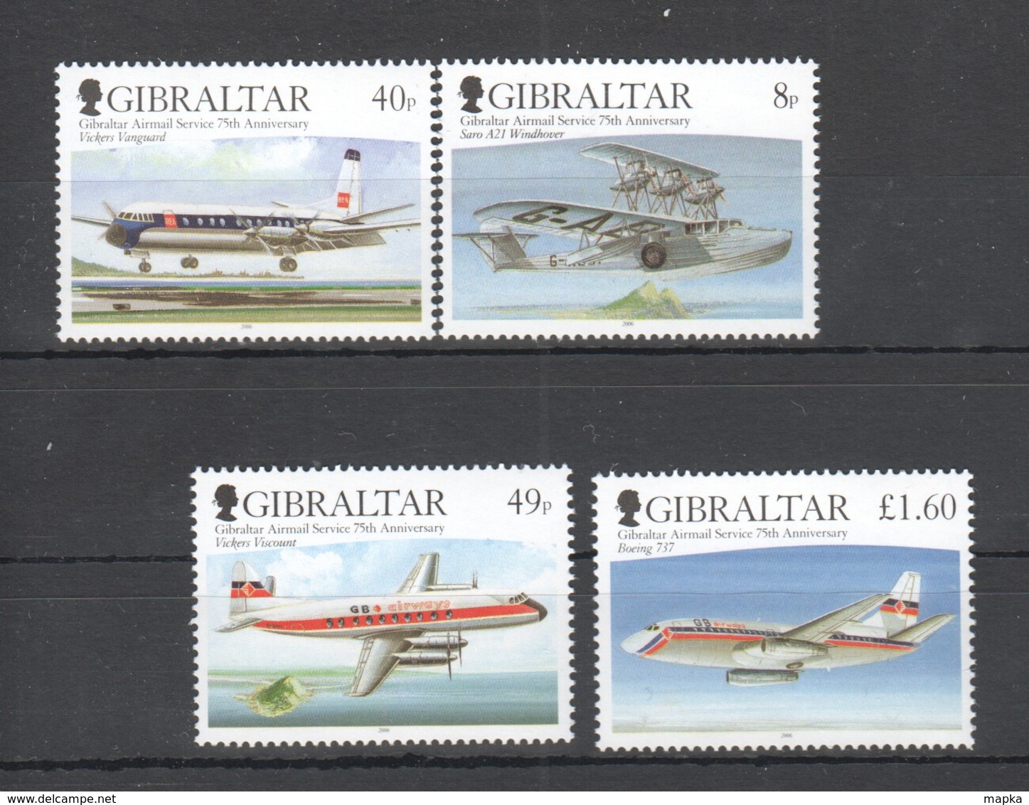 R326 2006 GIBRALTAR AIRMAIL SERVICE 75TH ANNIVERSARY AVIATION 1SET MNH - Avions