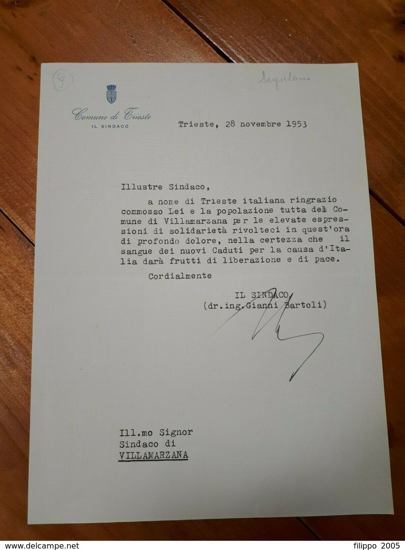 1953 - AUTOGRAFO GIANNI BARTOLI - SINDACO DI TRIESTE - Altri & Non Classificati