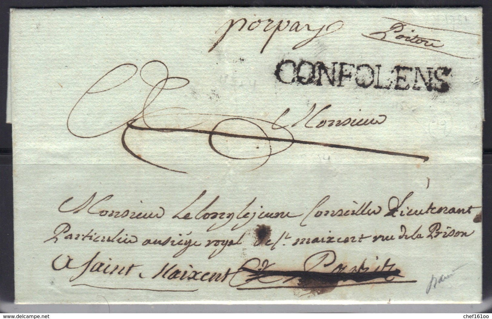 Confolens : Lenain N°3 + "porpay" Manuscrit Sur LAC, 1781, Signée V. Pothion. - 1701-1800: Précurseurs XVIII