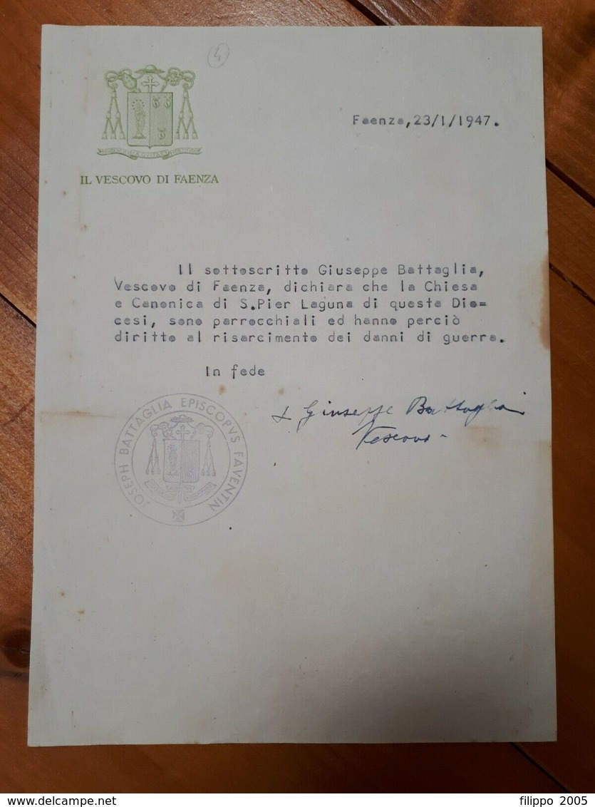 1947 - AUTOGRAFO DEL VESCOVO DI FAENZA GIUSEPPE BATTAGLIA - BISHOP - Altri & Non Classificati