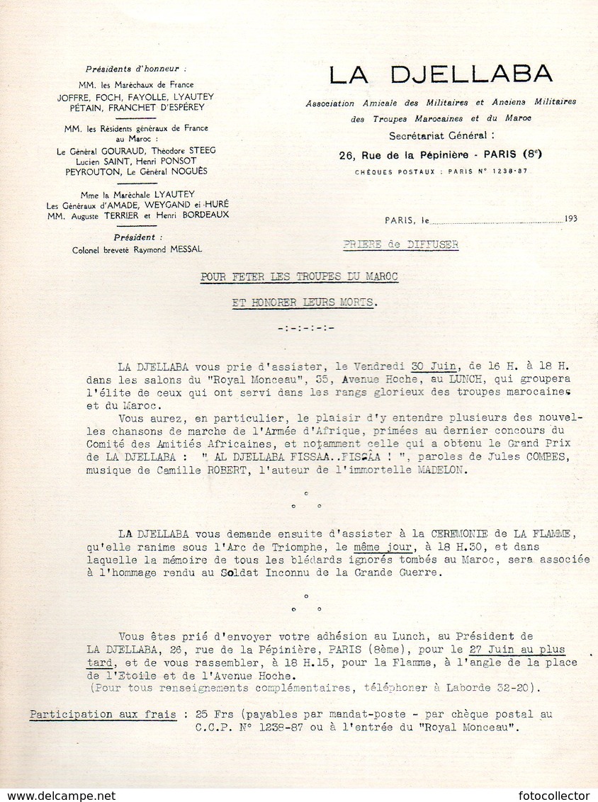 Militaria : Invitation à La Cérémonie De La Flamme Du 30 Juin 1939 émise Par La Djellaba - Documents