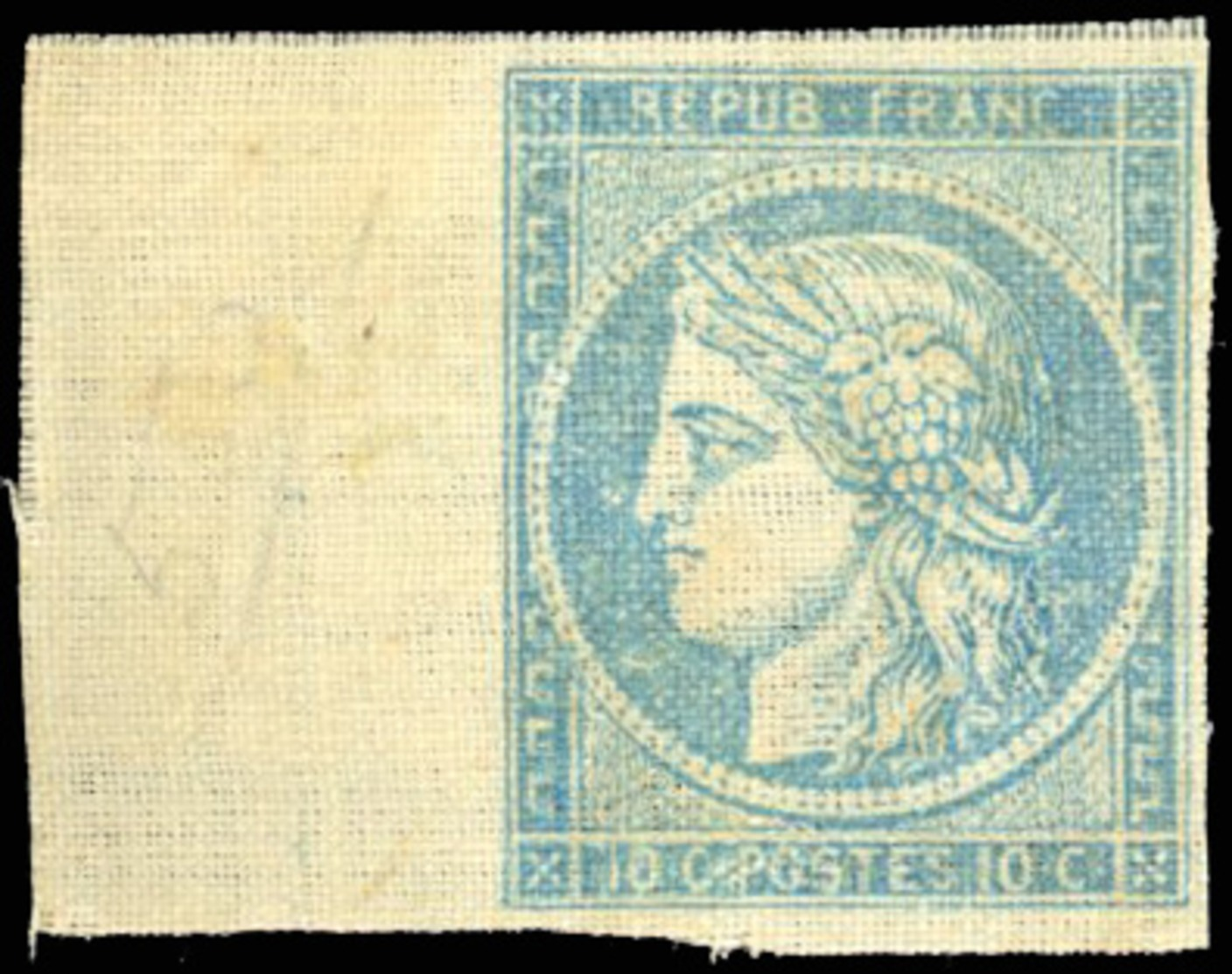 (*) Essai. 10c. Bleu Sur Papier Toilé. BdeF. TB(cote : 0) - 1849-1850 Cérès