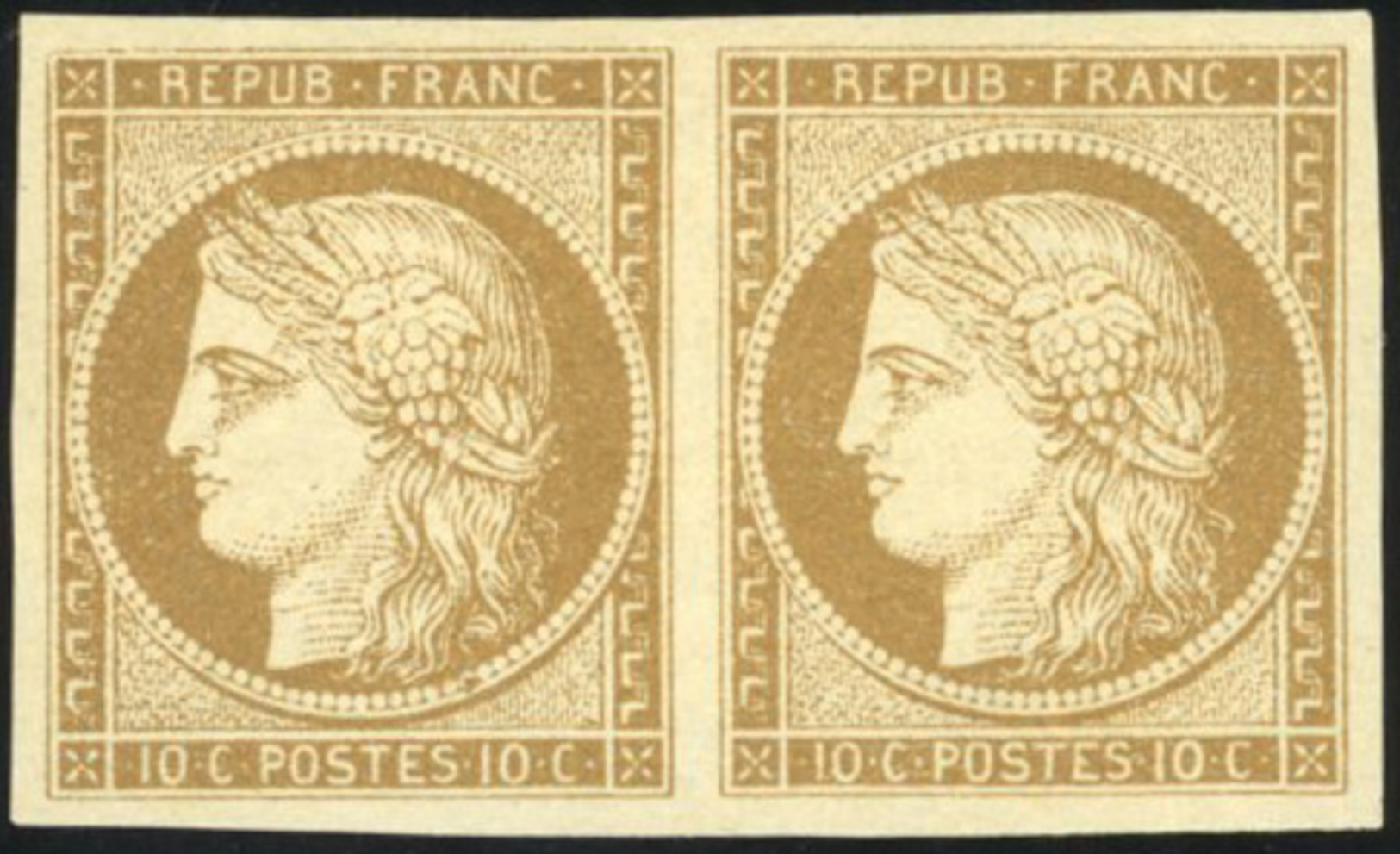 * 10c. Bistre-jaune. Paire. Très Belle Gomme. SUP.(cote : 0) - 1849-1850 Cérès