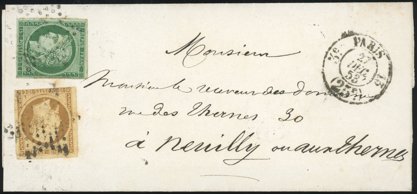 O 15c. Vert + 10c. Bistre-jaune (déf.) Obl. étoile S/lettre Frappée Du CàD Taxe 25c. De PARIS Du 27 Décembre 1853 à Dest - 1849-1850 Cérès