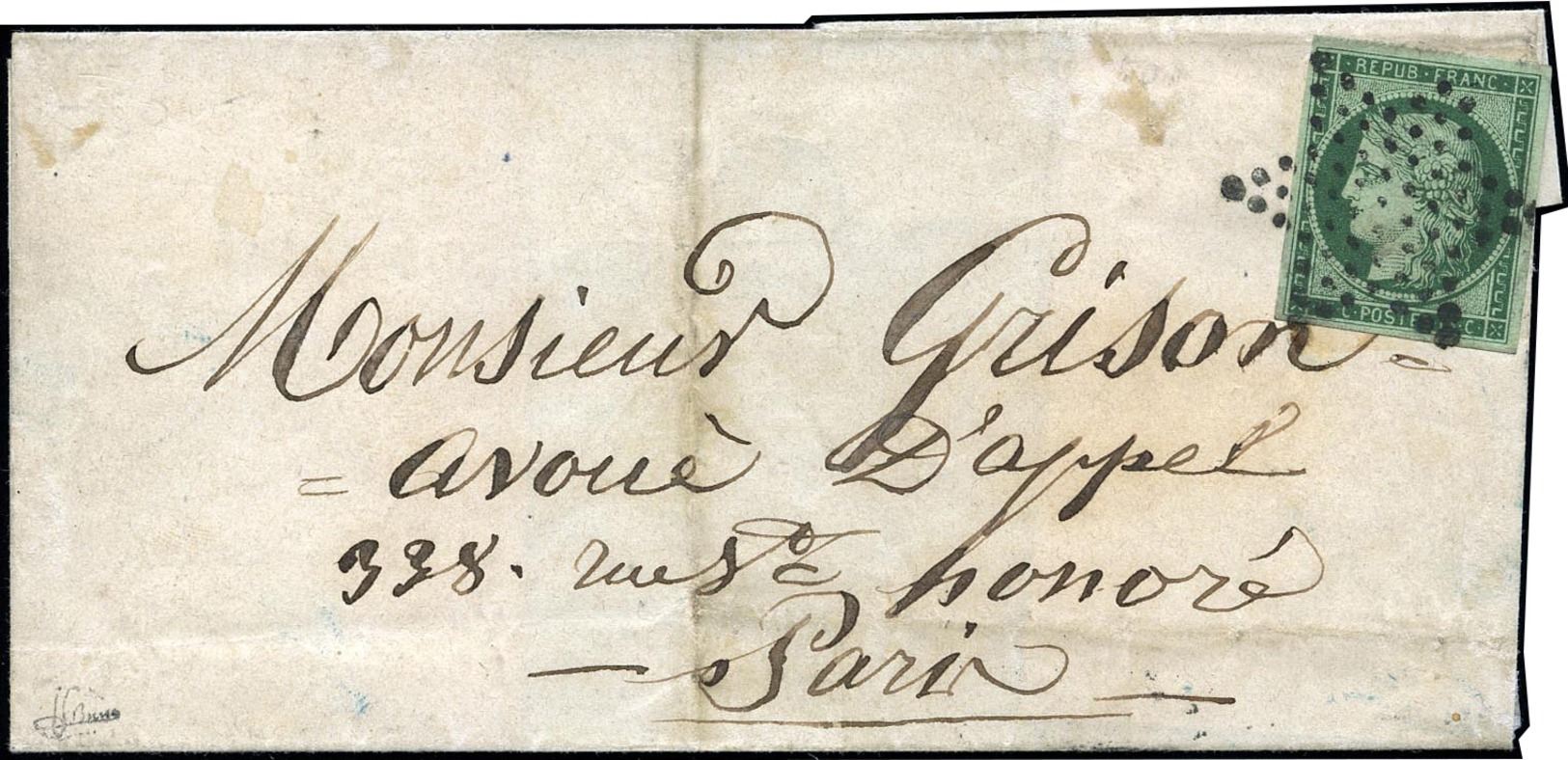 O 15c. Vert Foncé Obl. étoile De Paris S/lettre à Destination De La Rue Saint Honoré. Très Beau. Ex. Collection Lafayett - 1849-1850 Cérès