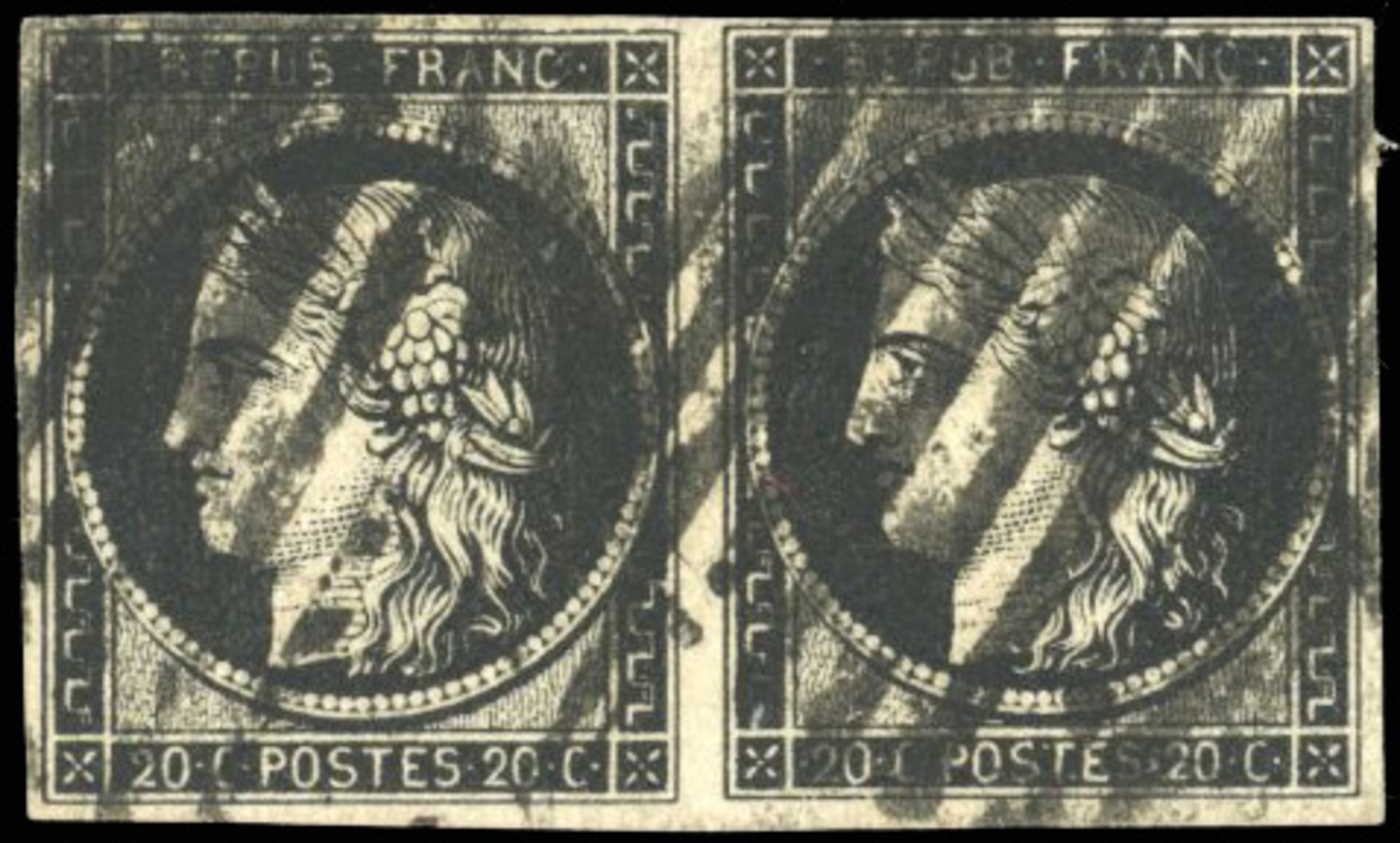 O 20c. Noir S/jaune. Paire Horizontale Obl. 2 Fois Avec Barres En Cercle De LILLE. SUP.(cote : 0) - 1849-1850 Cérès