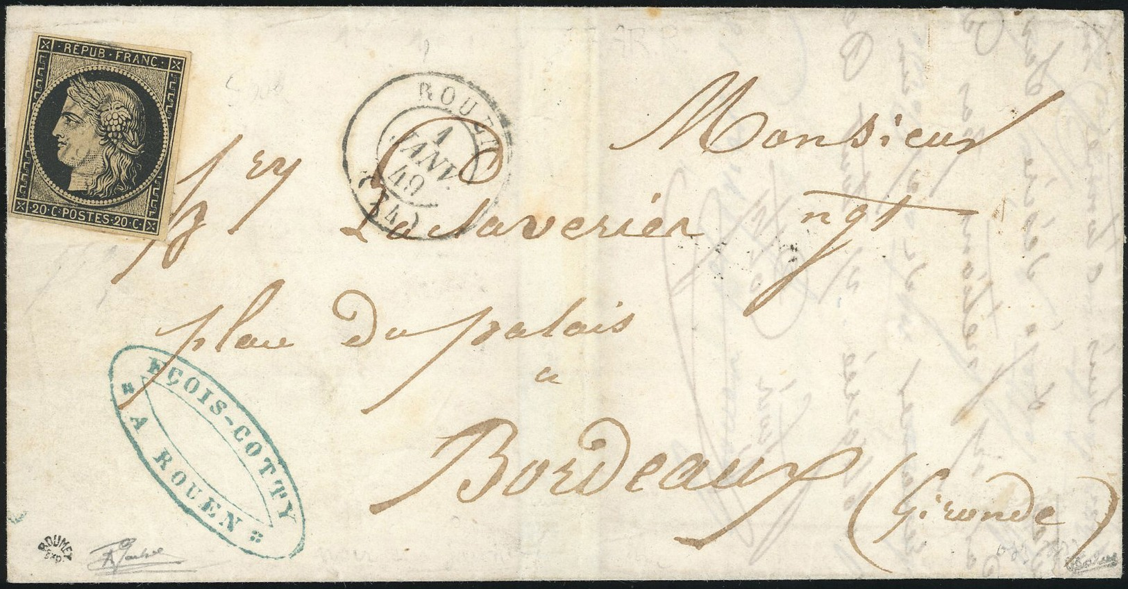 O 20c. Noir Obl. S/lettre Frappée Du CàD De ROUEN (type 15) Du 1er Janvier 1849 à Destination De BORDEAUX. Cachet D'arri - 1849-1850 Ceres