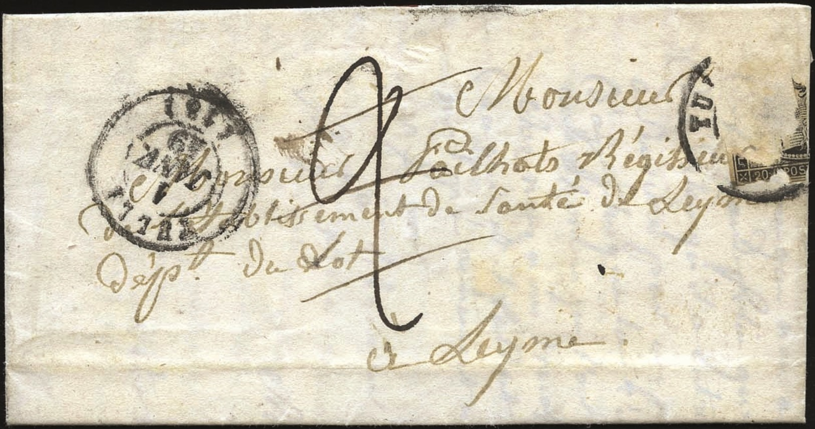 O Lettre Taxée à ''2'' Et Détaxée Portant Un Restant Du 20c. Noir Obl. Du CàD De TULLE Du 1er Janvier 1849 à Destination - 1849-1850 Cérès