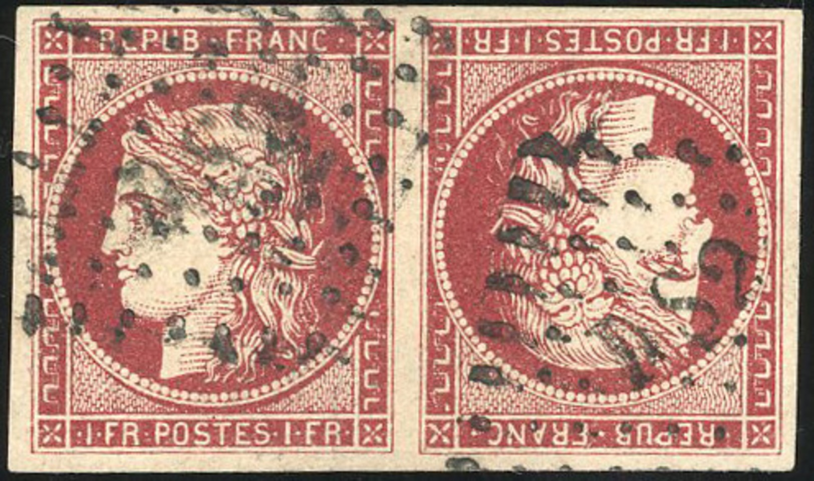 O 1F. Carmin Cerise (nuance De 1853). Paire Tête-bêche. Grandes Marges. Obl. Légère. Pièce Exceptionnelle. Unique. R.(co - 1849-1850 Ceres