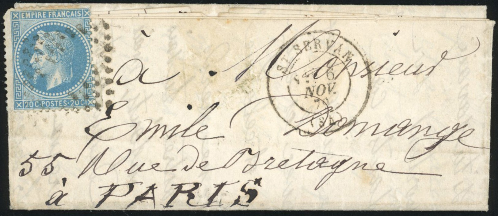O 20c. Laurés Obl. Losange S/lettre Frappée Du CàD De ST-SERVAN Du 6 Novembre 1870 à Destination De PARIS. Au Verso, Cac - Krieg 1870