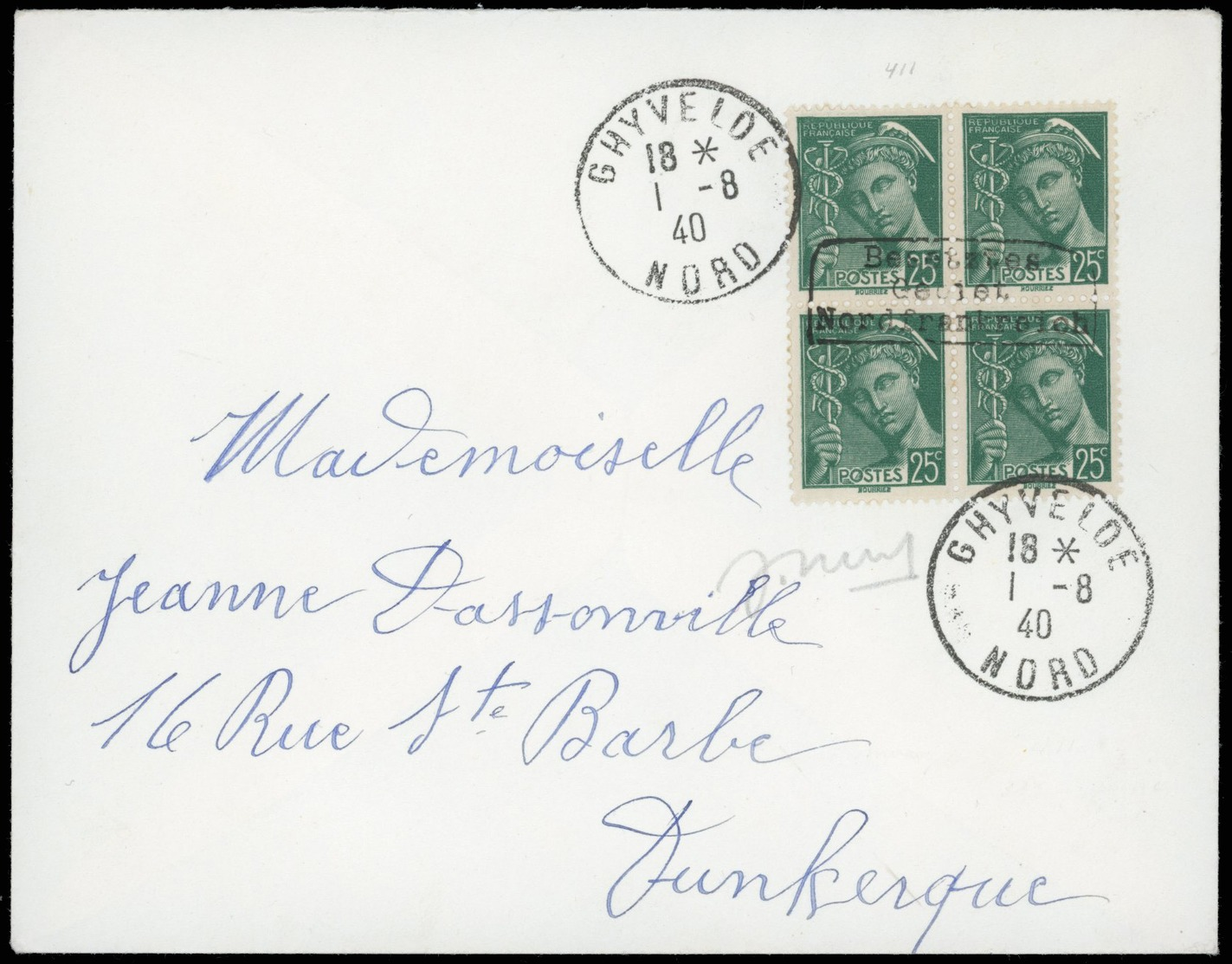 O Timbre De France N° 411. DUNKERQUE. 25c. Vert, Type Mercure, Bloc De 4, Obl. S/lettre Frappée Du CàD De GHYVELDE Du 1e - Kriegsmarken