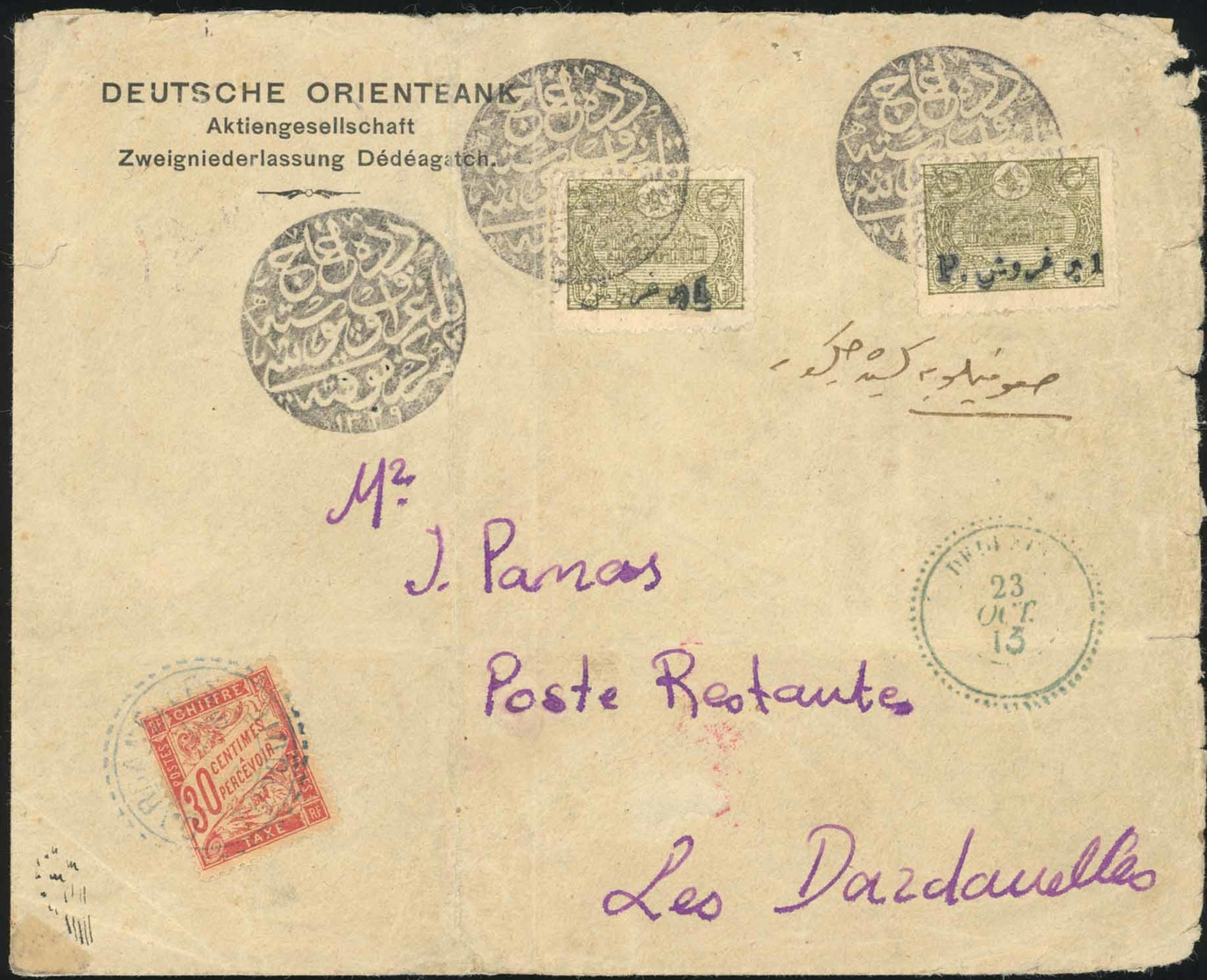 O 1pi. S/2pa. Olive X 2 Obl. S/lettre à Destination De DARDANELLES - TURQUIE. A L'arrivée, Lettre Taxée Par Un Timbre Ta - Thrace