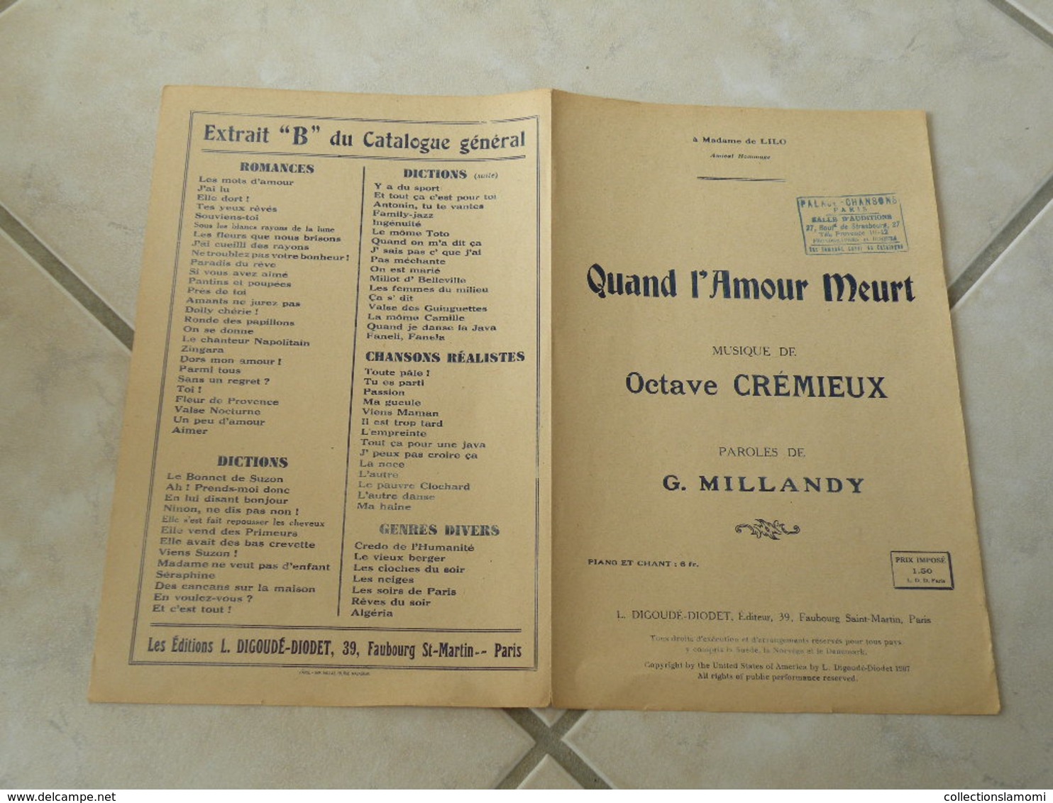 Quand L'amour Meurt-(Paroles Georges Millandy)-(Musique Octave Crémieux) Partition 1904 - Chansonniers