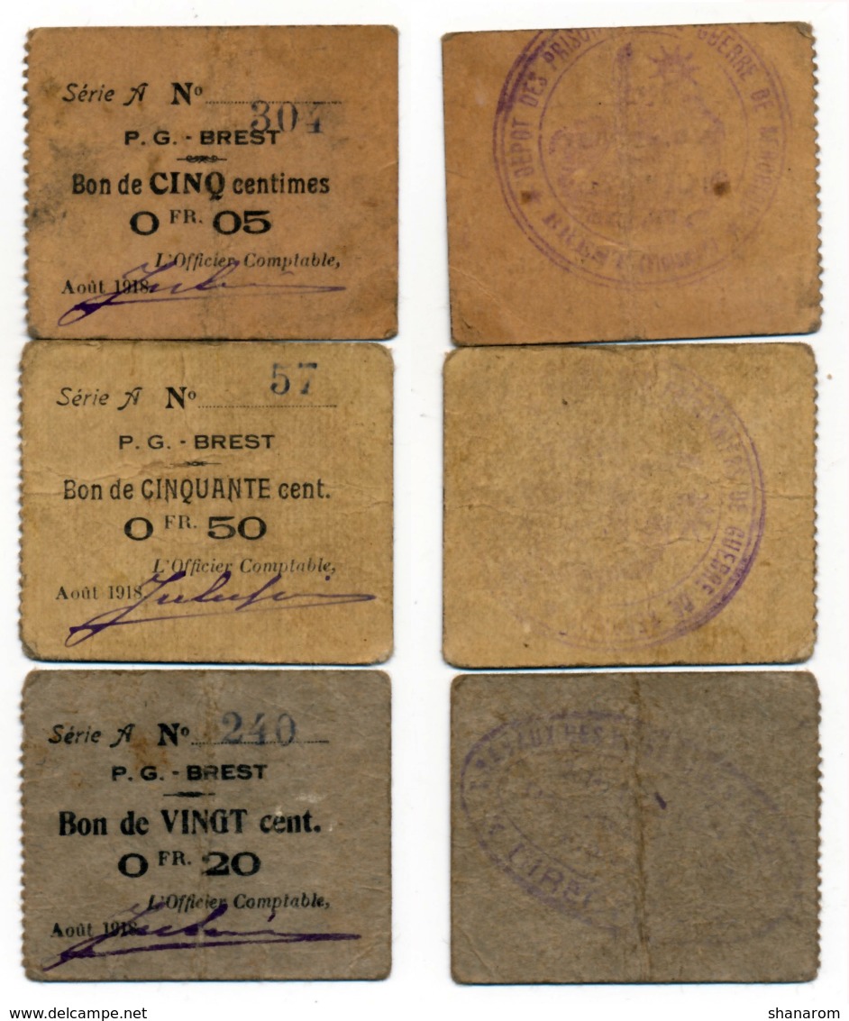 1914- 1918 // BREST // P.O.W. // Bon De Prisonnier De Guerre  // 5/20/50 Centimes - Notgeld