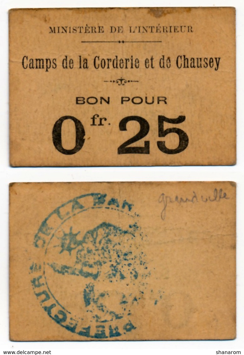 1914- 1918 // P.O.W. // Bon De Prisonnier De Guerre // Camp De La CORDERIE Et De CHAUSEY  // 25 Cts - Bons & Nécessité