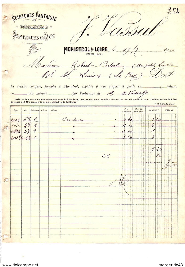 1910 FACTURE J. VASSAL CEINTURES FANTAISIES à MONISTROL SUR LOIRE HAUTE LOIRE - 1900 – 1949