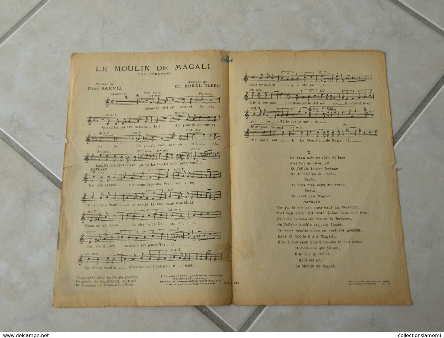 Le Moulin De Magali ( Tino Rossi (Paroles René Sarvil)-(Musique CH. Bordel Clerc) Partition1937 - Chansonniers