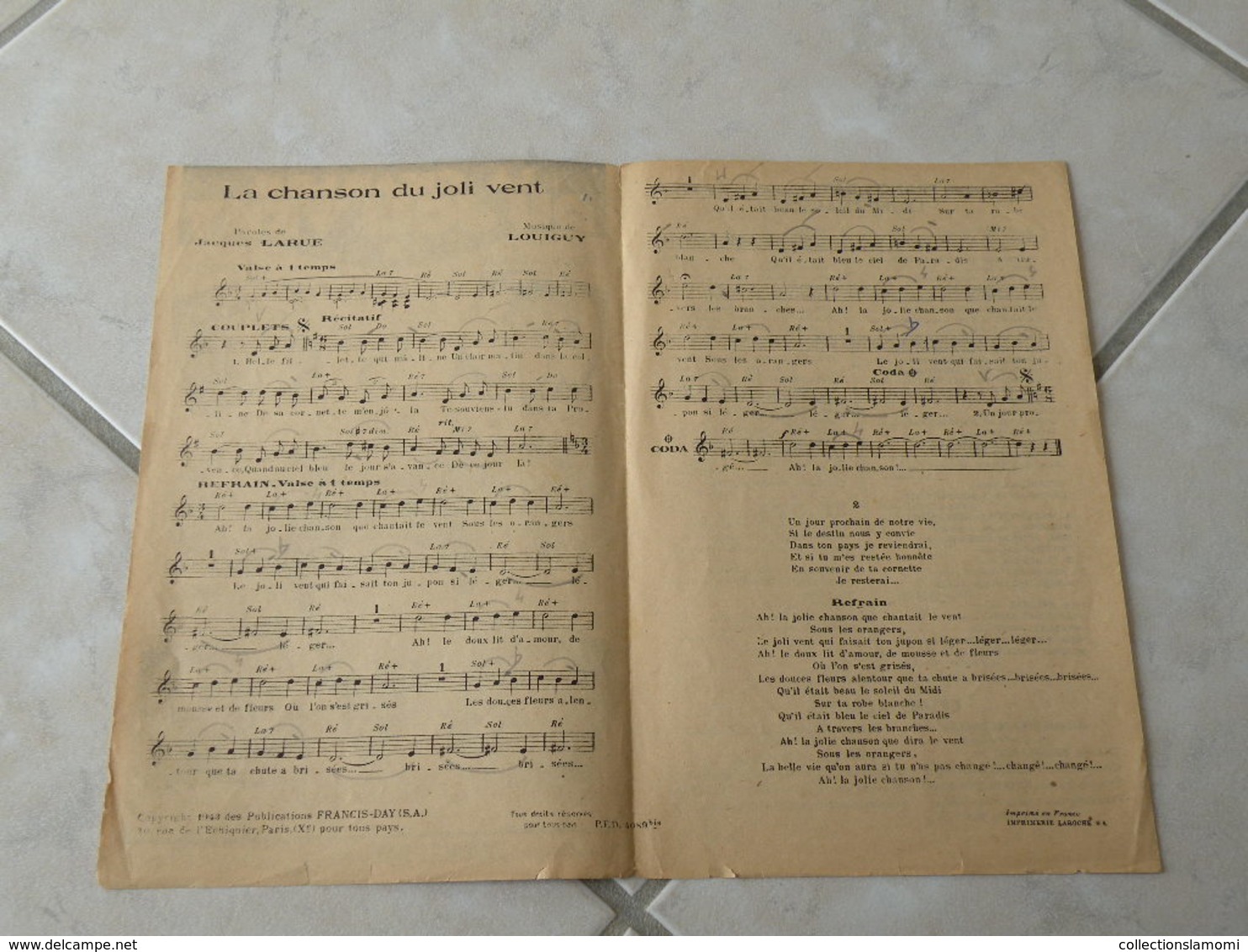 La Chanson Du Joli Vent (Paroles Jacques Larue)-(Musique Louiguy) Partition1943 - Chansonniers