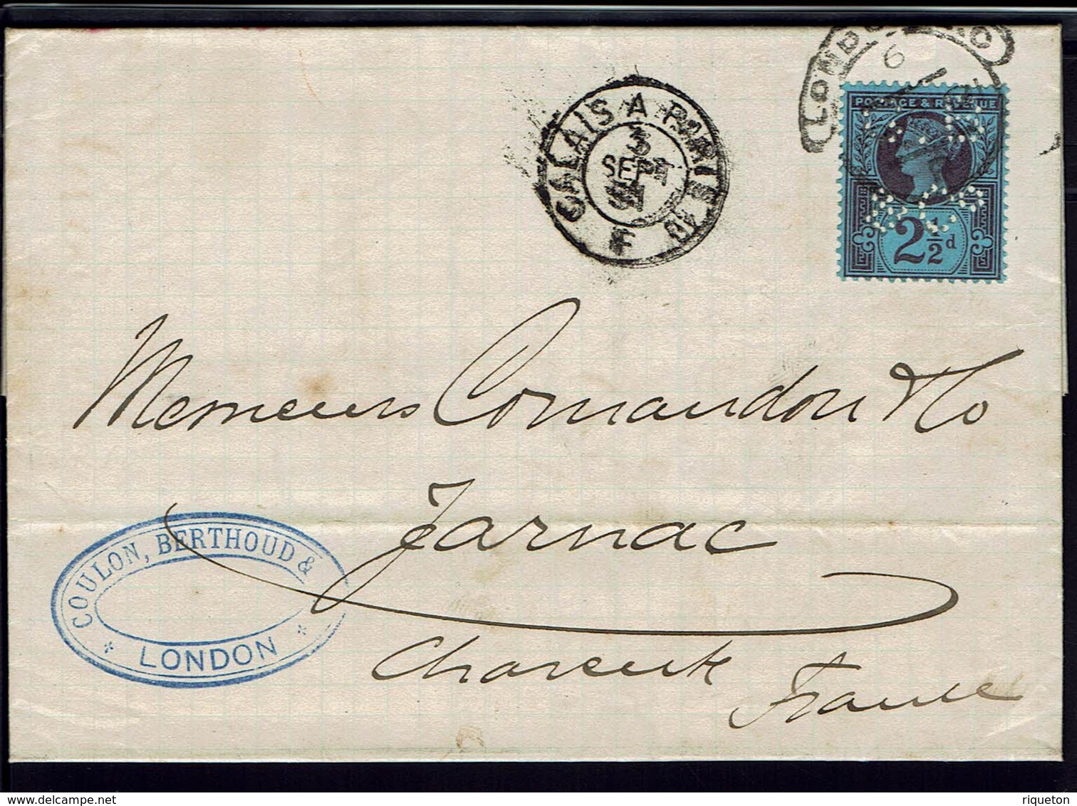 GR-BRETAGNE - 1891 - N° 95 Perforé G. B. & C Sur Lettre De London Pour Jarnac (Fr)  TB - - Brieven En Documenten