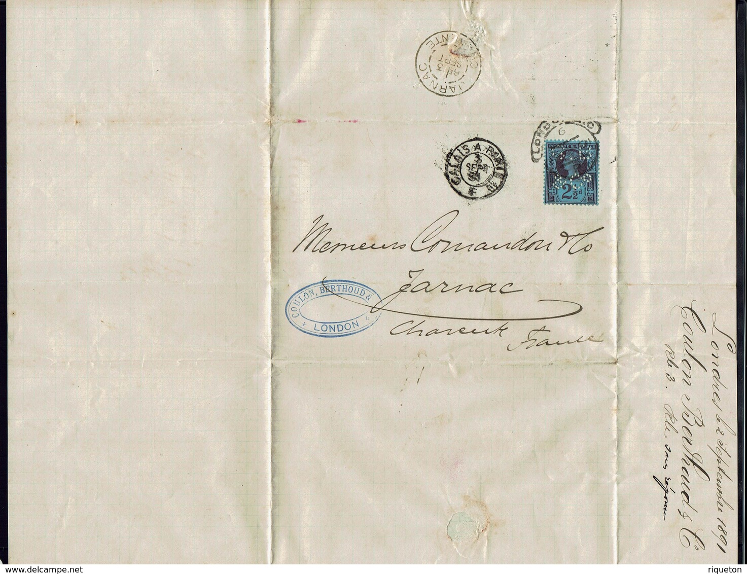 GR-BRETAGNE - 1891 - N° 95 Perforé G. B. & C Sur Lettre De London Pour Jarnac (Fr)  TB - - Brieven En Documenten