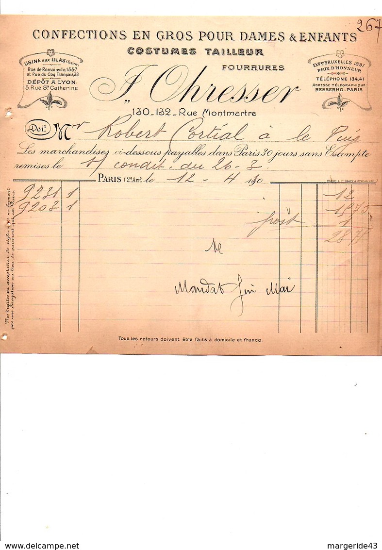 1910 FACTURE OHRESSER CONFECTIPONS RUE MONTMARTRE à PARIS - 1900 – 1949