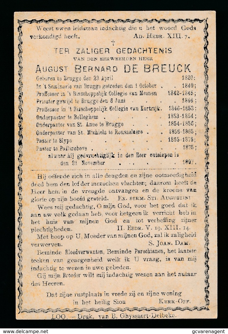 PASTOOR SLYPE & POLLINKHOVE AUGUST DE BREUCK - BRUGGE 1820  POLLINKHOVE 1897 - Décès