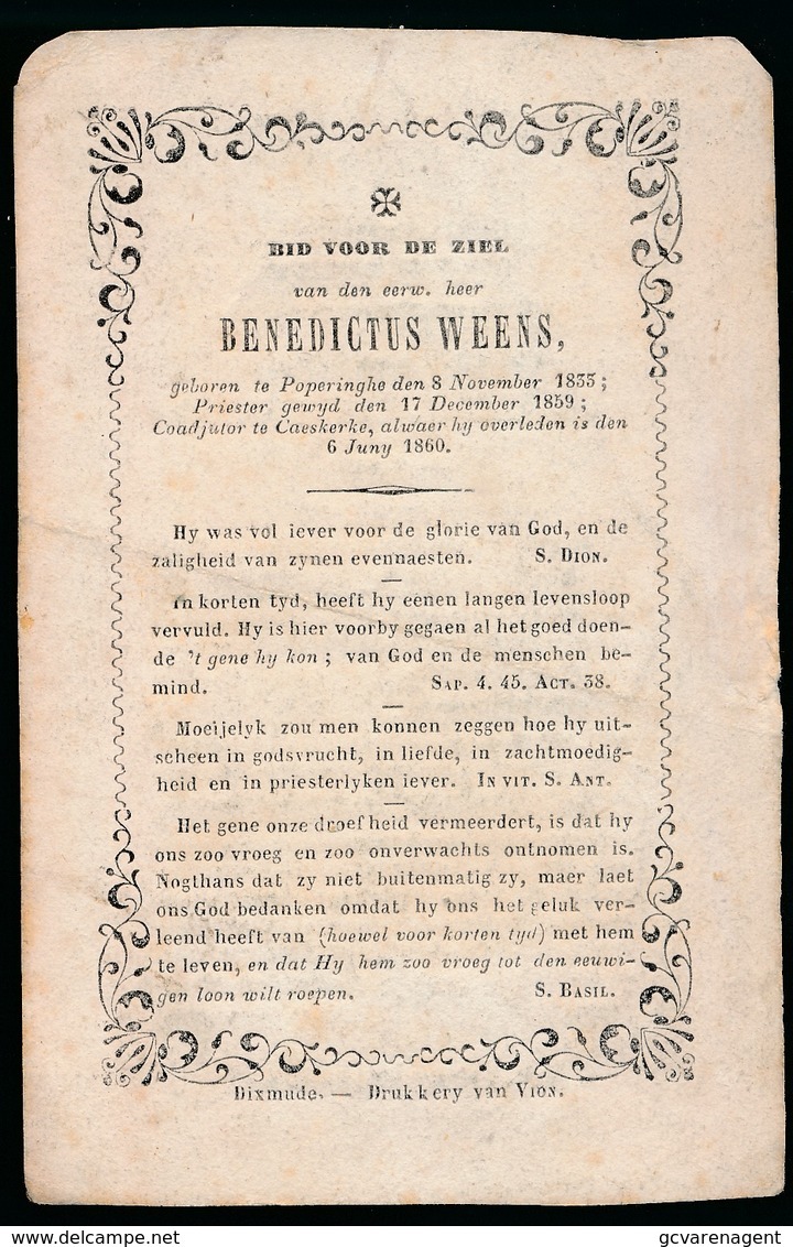 PASTOOR CAESKERKE  BENEDICTUS WEENS - POPERINGE 1833  CAESKERKE 1860  2 SCANS - Décès