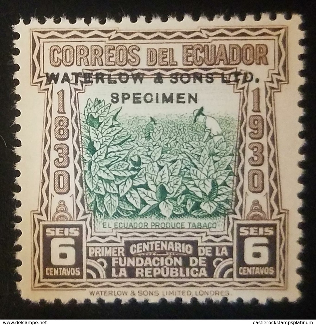 O) 1930 ECUADOR. SPECIMEN  WATERLOW AND SONS  LTD  OVERPRINTE - EL ECUADOR PRODUCE TABACO 6c -ECUADOR PRODUCES TOBACCO - - Ecuador