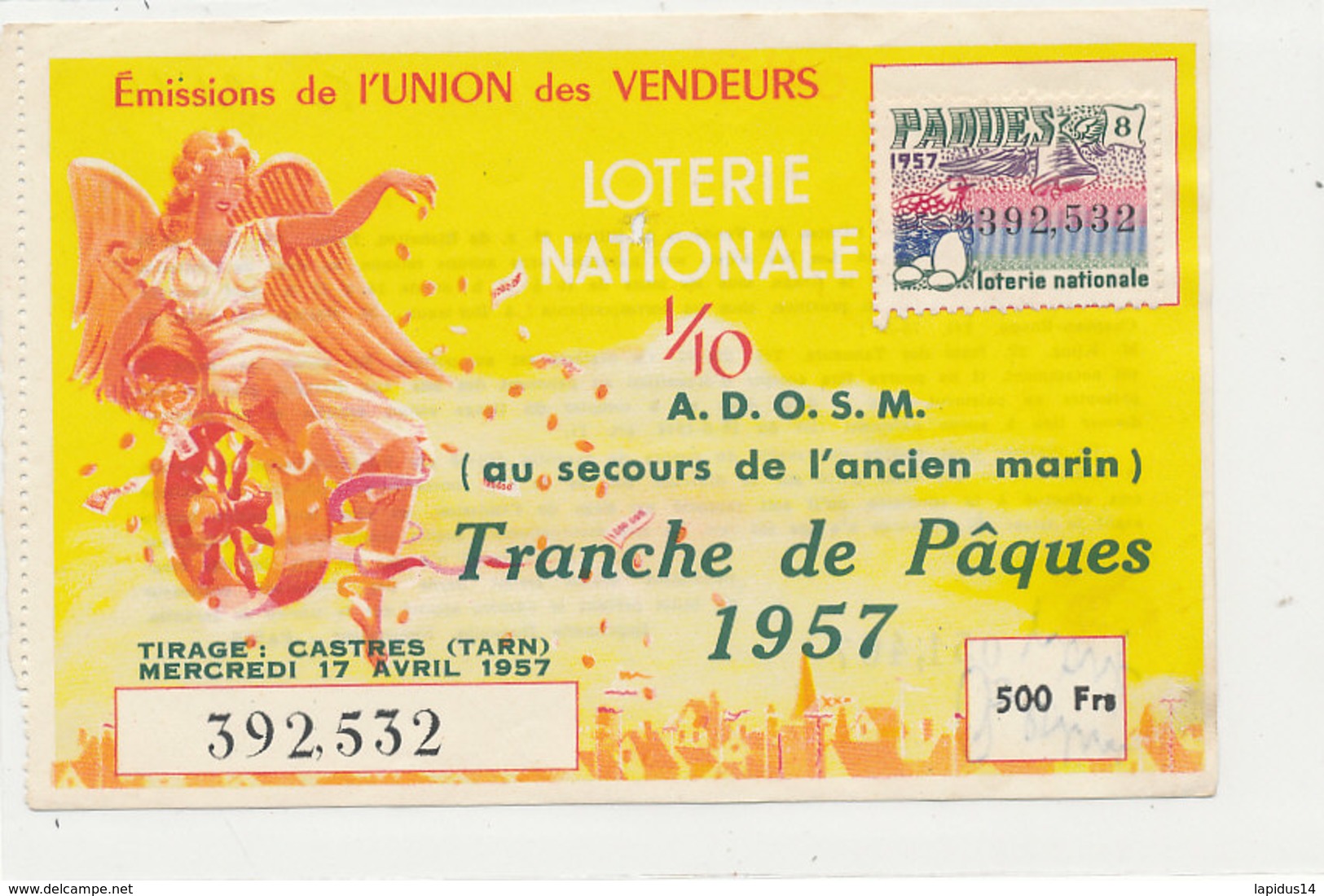 BL 161 / BILLET  LOTERIE NATIONALE   TRANCHE   DE  PAQUES   UNION DES VENDEURS     1957 - Billets De Loterie