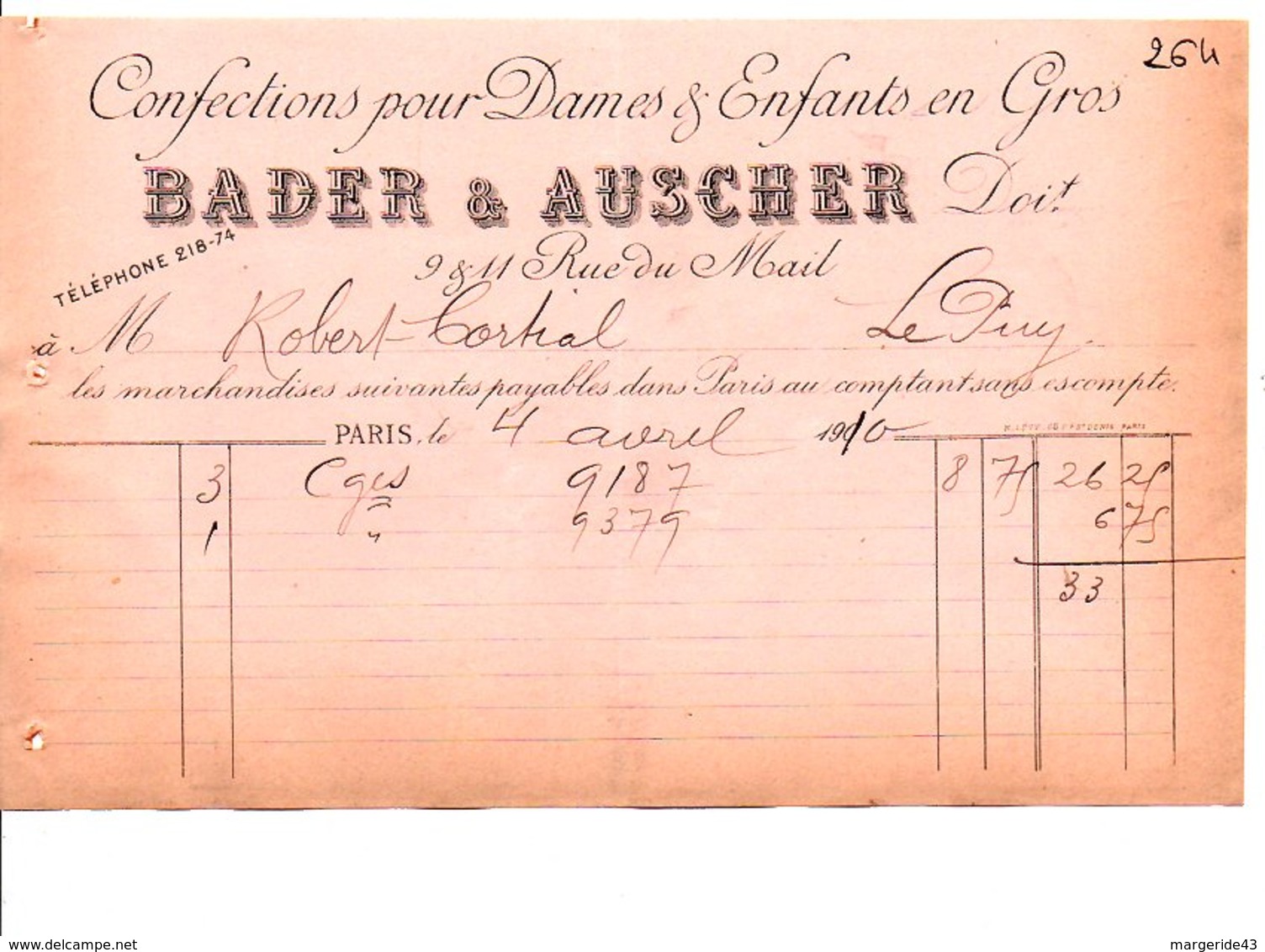 1910 FACTURE BADER & AUSCHER CONFECTIONS RUE DU MAIL à PARIS - 1900 – 1949