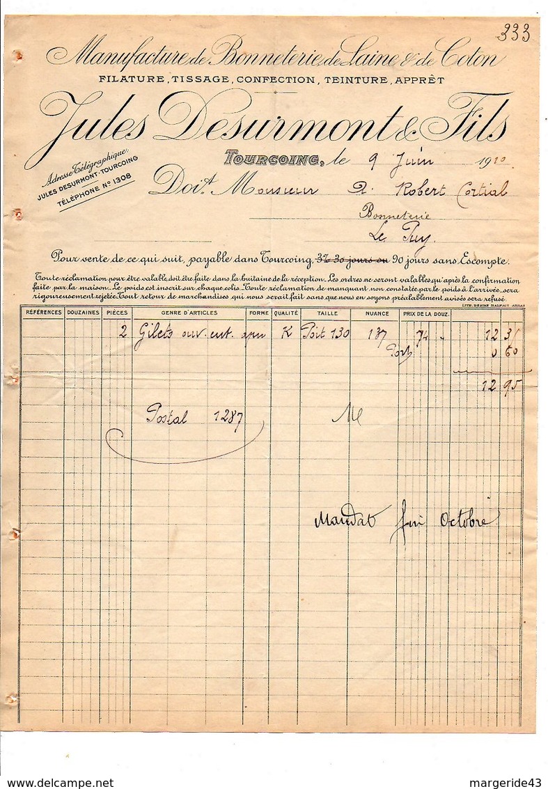 1910 FACTURE JULES DESURMONT & Cie BONNETERIE à TOURCOING NORD - 1900 – 1949