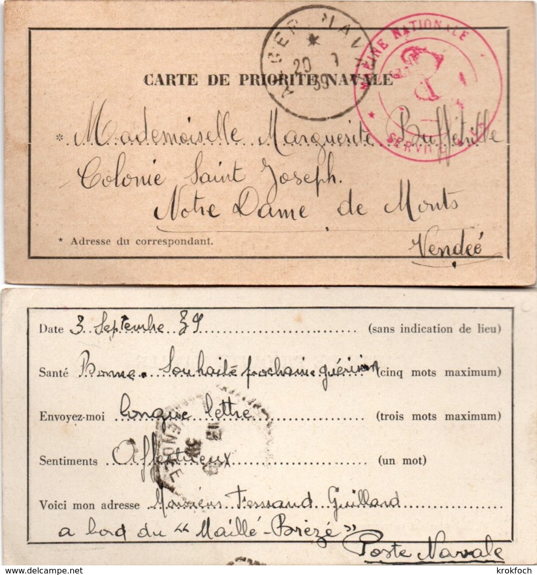 Carte De Priorité Navale - Alger Naval 1939 - CT Maillé-Brézé - Marine Franchise - Scan Recto-verso - Covers & Documents