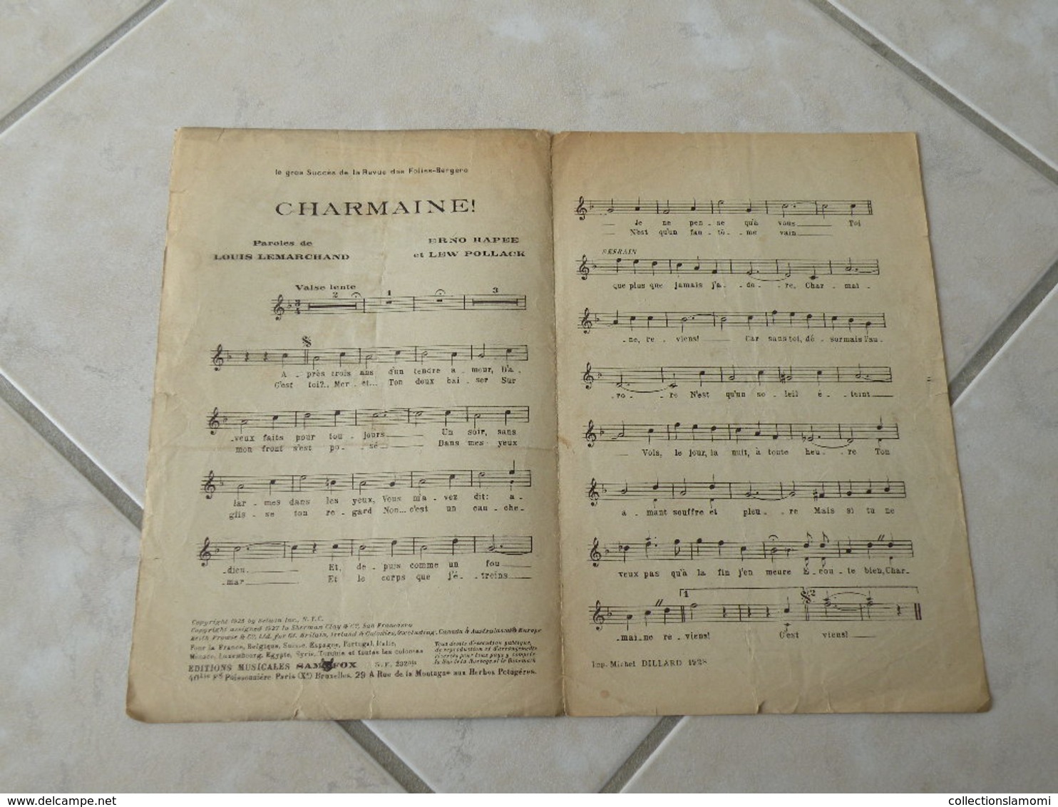 Charmaine (Valse)-(Paroles Louis Lemarchand)-(Musique Erno Rapée é Lew Pollack) Partition 1927 - Chansonniers